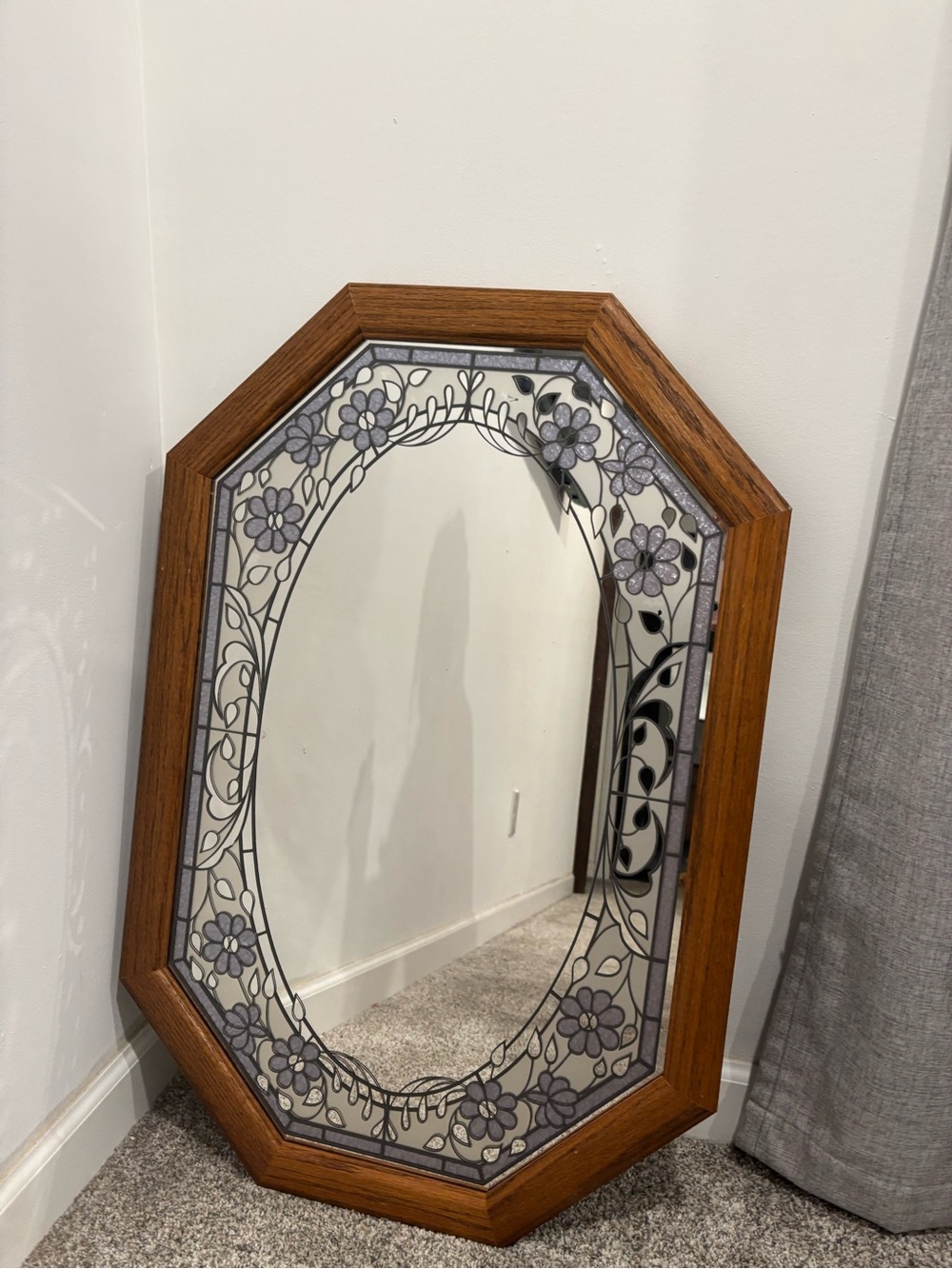 Vintage Windsor Art Octagonal Mirror Oak Frame Grandma Core Floral Etched